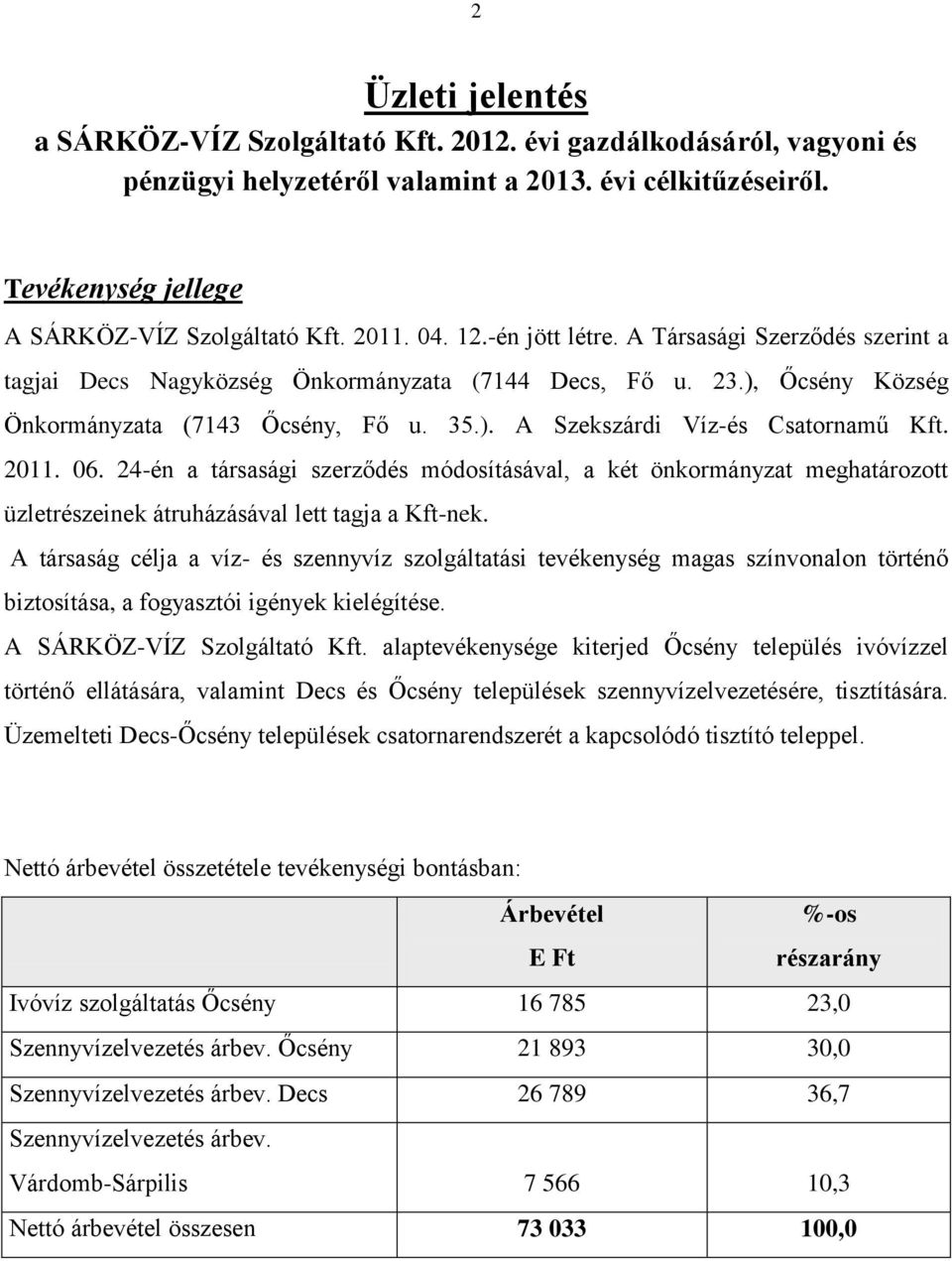 2011. 06. 24-én a társasági szerződés módosításával, a két önkormányzat meghatározott üzletrészeinek átruházásával lett tagja a Kft-nek.