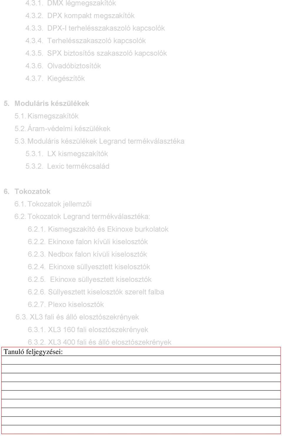 Tokozatok 6.1. Tokozatok jellemzői 6.2. Tokozatok Legrand termékválasztéka: 6.2.1. Kismegszakító és Ekinoxe burkolatok 6.2.2. Ekinoxe falon kívüli kiselosztók 6.2.3. Nedbox falon kívüli kiselosztók 6.