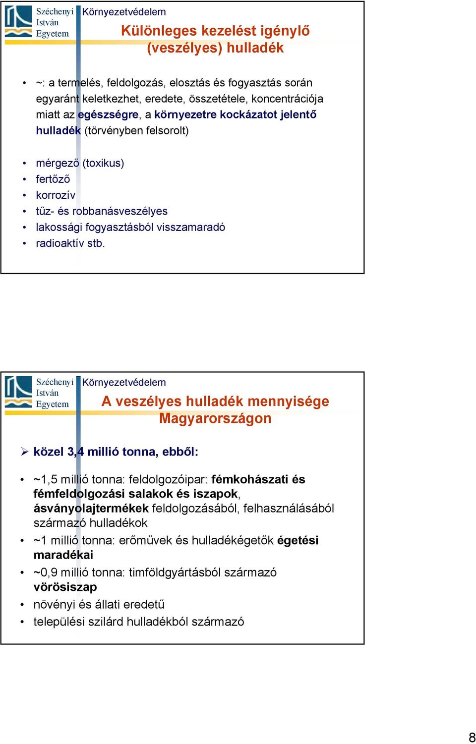 A veszélyes hulladék mennyisége Magyarországon közel 3,4 millió tonna, ebből: ~1,5 millió tonna: feldolgozóipar: fémkohászati és fémfeldolgozási salakok és iszapok, ásványolajtermékek