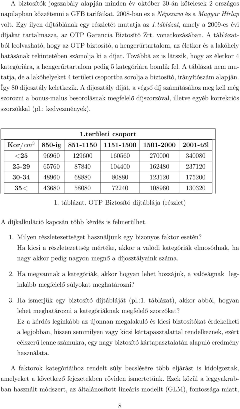 A táblázatból leolvasható, hogy az OTP biztosító, a hengerűrtartalom, az életkor és a lakóhely hatásának tekintetében számolja ki a díjat.