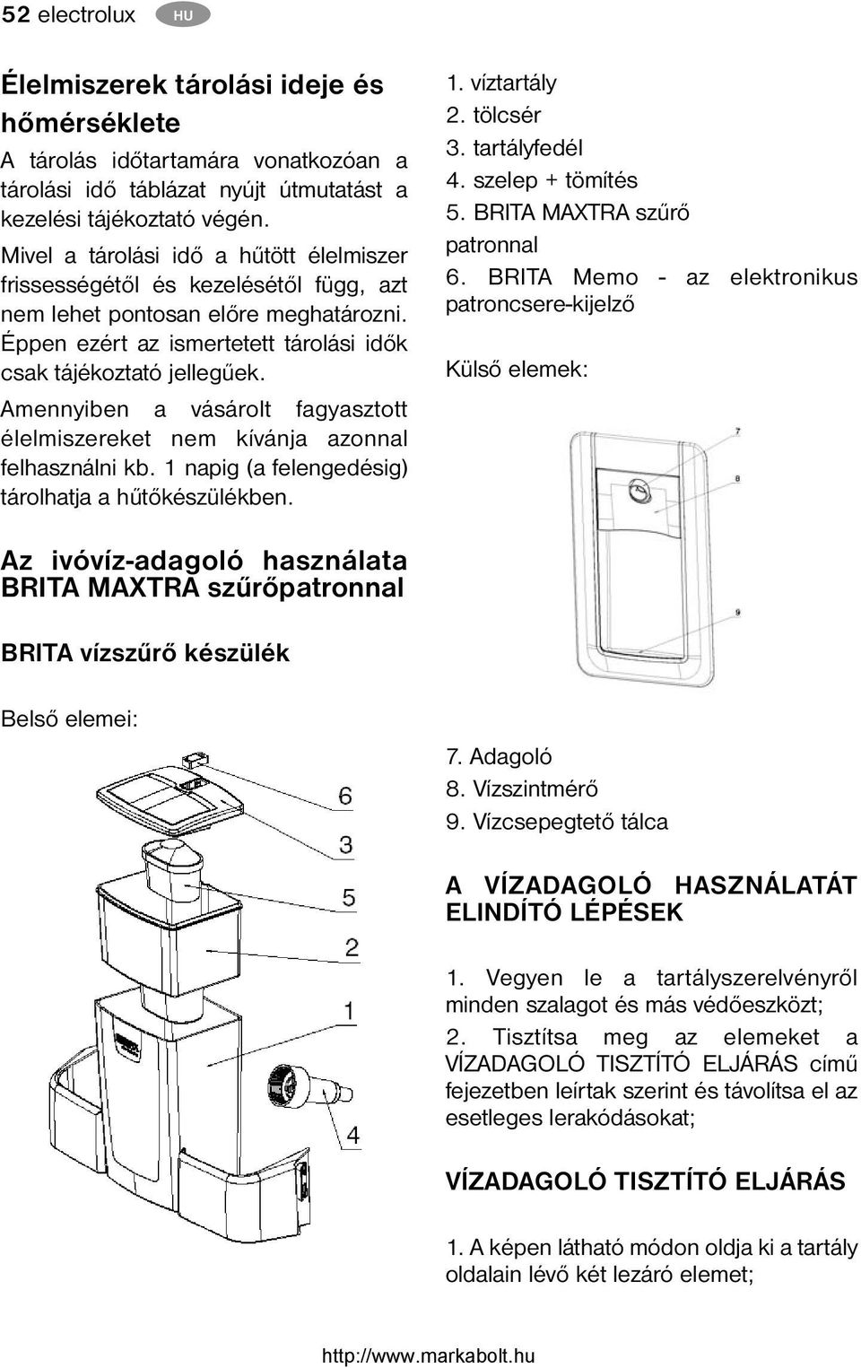 Amennyiben a vásárolt fagyasztott élelmiszereket nem kívánja azonnal felhasználni kb. 1 napig (a felengedésig) tárolhatja a hűtőkészülékben. 1. víztartály 2. tölcsér 3. tartályfedél 4.