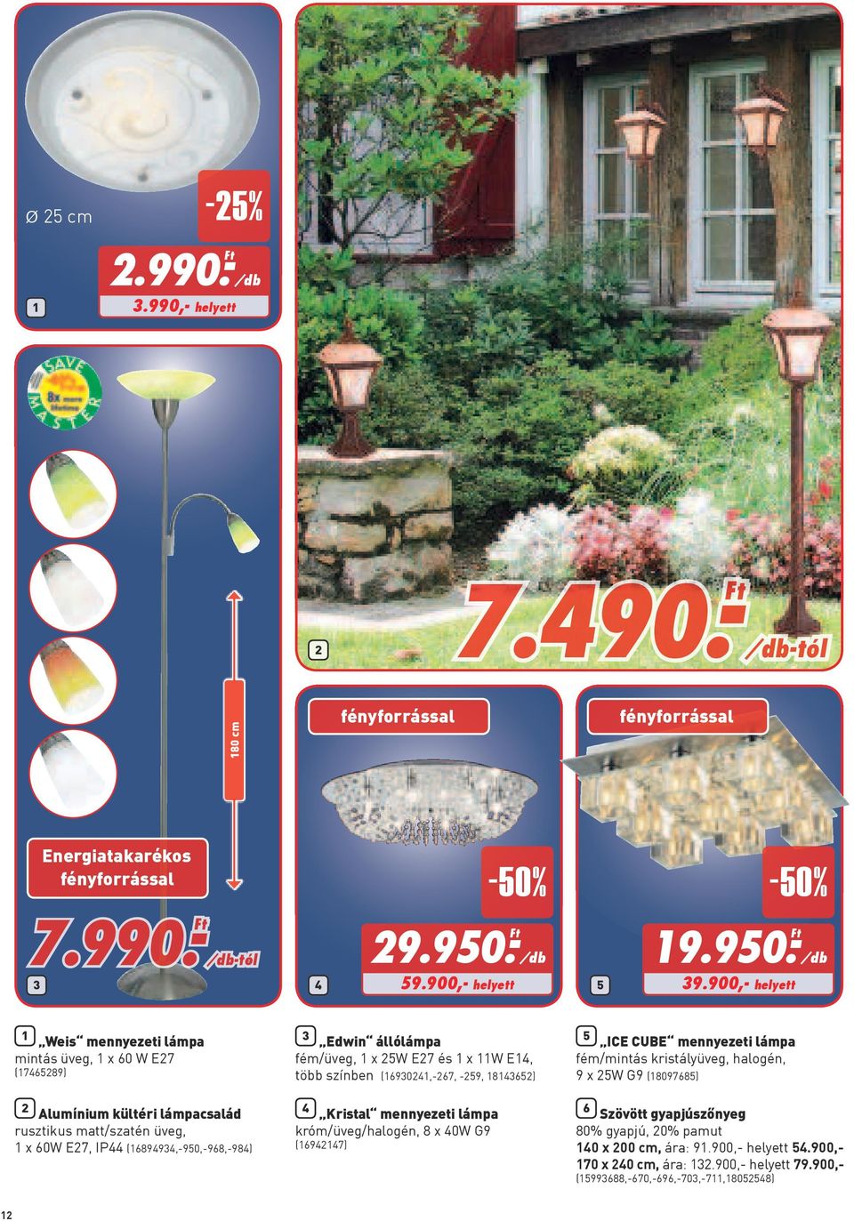 900,- helyett 1 Weis mennyezeti lámpa mintás üveg, 1 x 60 W E27 (17465289) 2 Alumínium kültéri lámpacsalád rusztikus matt/szatén üveg, 1 x 60W E27, IP44 (16894934,-950,-968,-984) 3 Edwin állólámpa