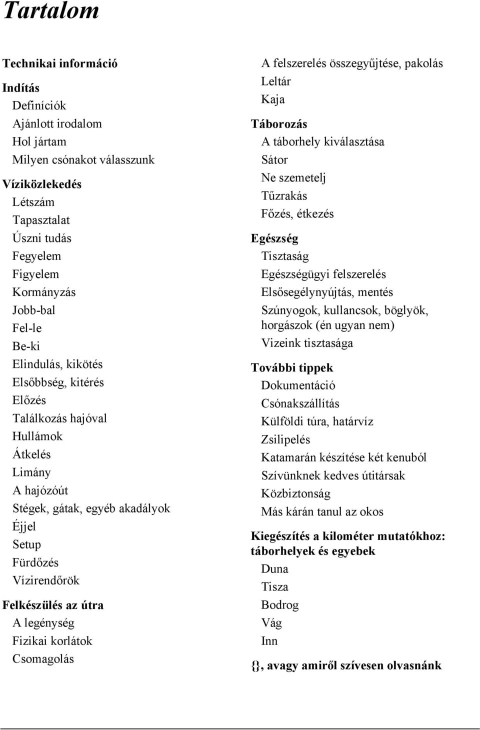 legénység Fizikai korlátok Csomagolás A felszerelés összegyűjtése, pakolás Leltár Kaja Táborozás A táborhely kiválasztása Sátor Ne szemetelj Tűzrakás Főzés, étkezés Egészség Tisztaság Egészségügyi