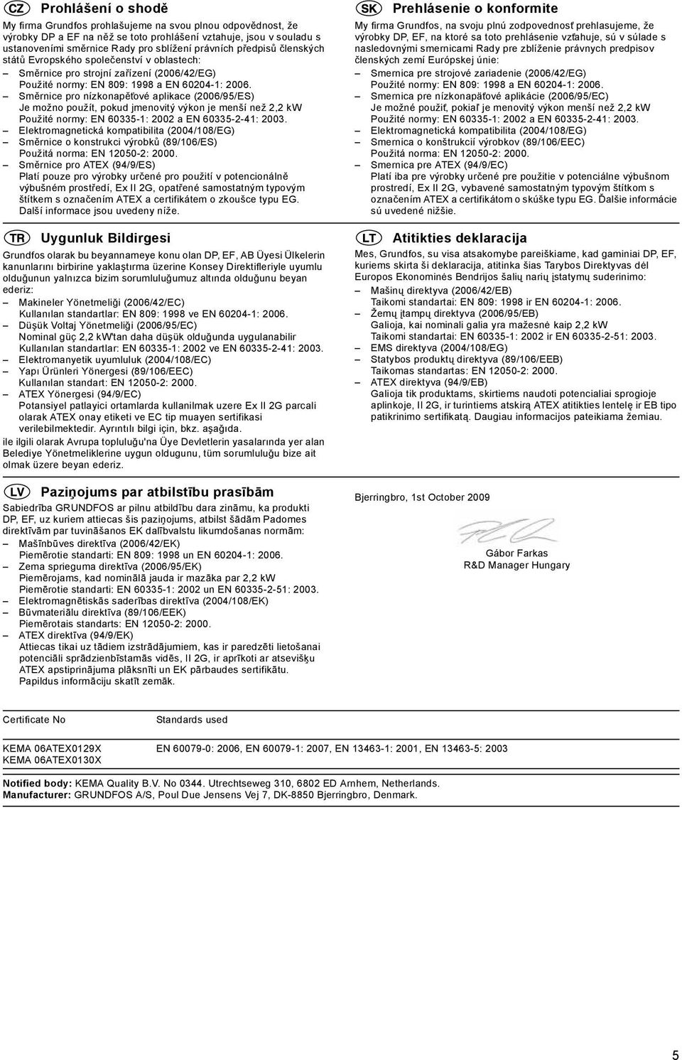 Směrnice pro nízkonapět ové aplikace (2006/95/ES) Je možno použít, pokud jmenovitý výkon je menší než 2,2 kw Použité normy: EN 60335-1: 2002 a EN 60335-2-41: 2003.