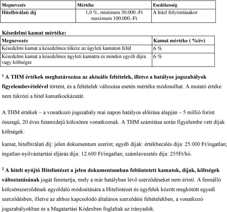 -Ft A hitel folyósításakor Késedelmi kamat mértéke: Megnevezés Kamat mértéke ( %/év) Késedelmi kamat a késedelmes tőkére az ügyleti kamaton felül 6 % Késedelmi kamat a késedelmes ügyleti kamatra és