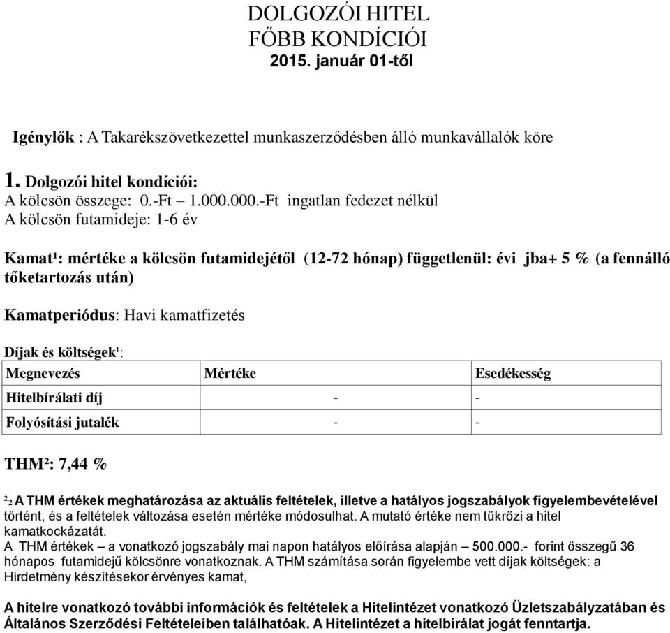 kamatfizetés Díjak és költségek¹: Megnevezés Mértéke Esedékesség Hitelbírálati díj - - Folyósítási jutalék - - THM²: 7,44 % ²2 A THM értékek meghatározása az aktuális feltételek, illetve a hatályos