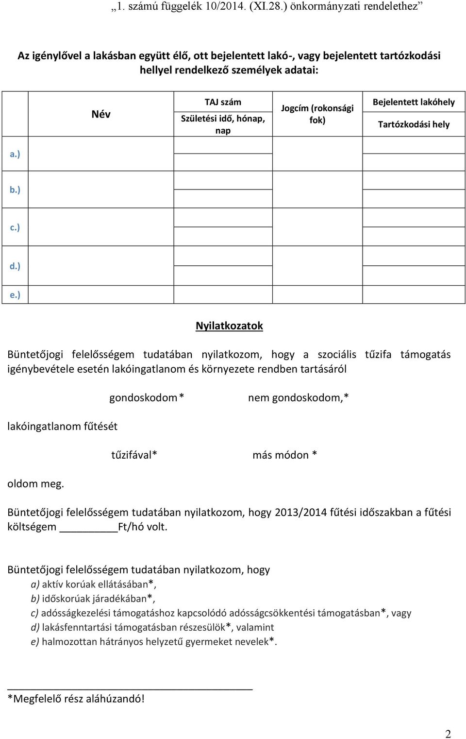 ) Nyilatkozatok Büntetőjogi felelősségem tudatában nyilatkozom, hogy a szociális tűzifa támogatás igénybevétele esetén lakóingatlanom és környezete rendben tartásáról gondoskodom * nem gondoskodom,*