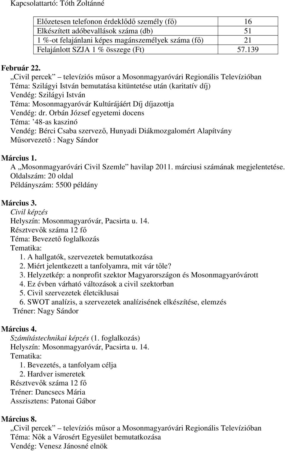 Civil percek televíziós műsor a Mosonmagyaróvári Regionális Televízióban Téma: Szilágyi István bemutatása kitüntetése után (karitatív díj) Vendég: Szilágyi István Téma: Mosonmagyaróvár Kultúrájáért