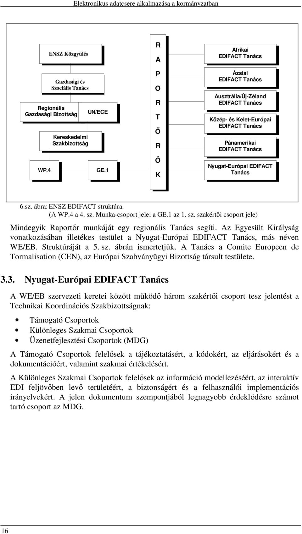 6.sz. ábra: ENSZ EDIFACT struktúra. (A WP.4 a 4. sz. Munka-csoport jele; a GE.1 az 1. sz. szakértıi csoport jele) Mindegyik Raportır munkáját egy regionális Tanács segíti.