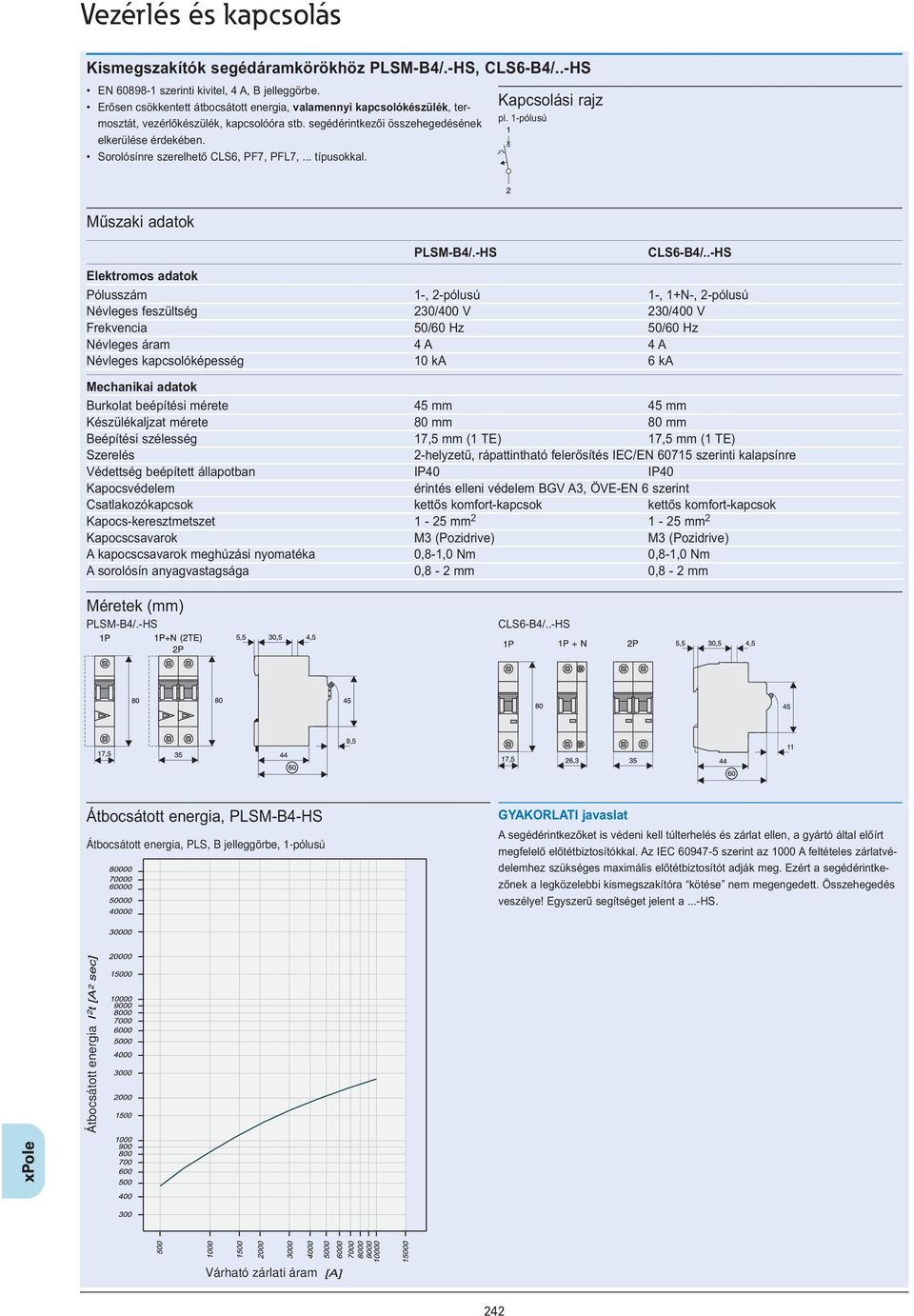Sorolósínre szerelhető CLS6, PF7, PFL7,... típusokkal. Kapcsolási rajz pl. 1-pólusú PLSM-B4/.-HS CLS6-B4/.