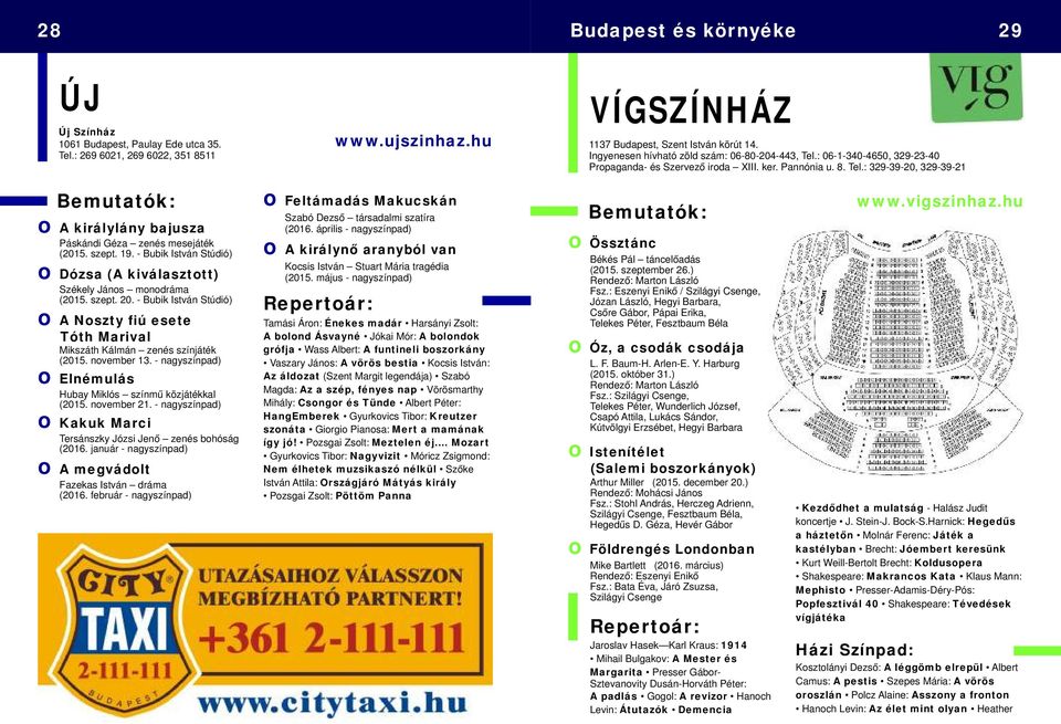 - nagyszínpad) Elnémulás Hubay Miklós színmű közjátékkal (2015. nvember 21. - nagyszínpad) Kakuk Marci Tersánszky Józsi Jenő zenés bhóság (2016.