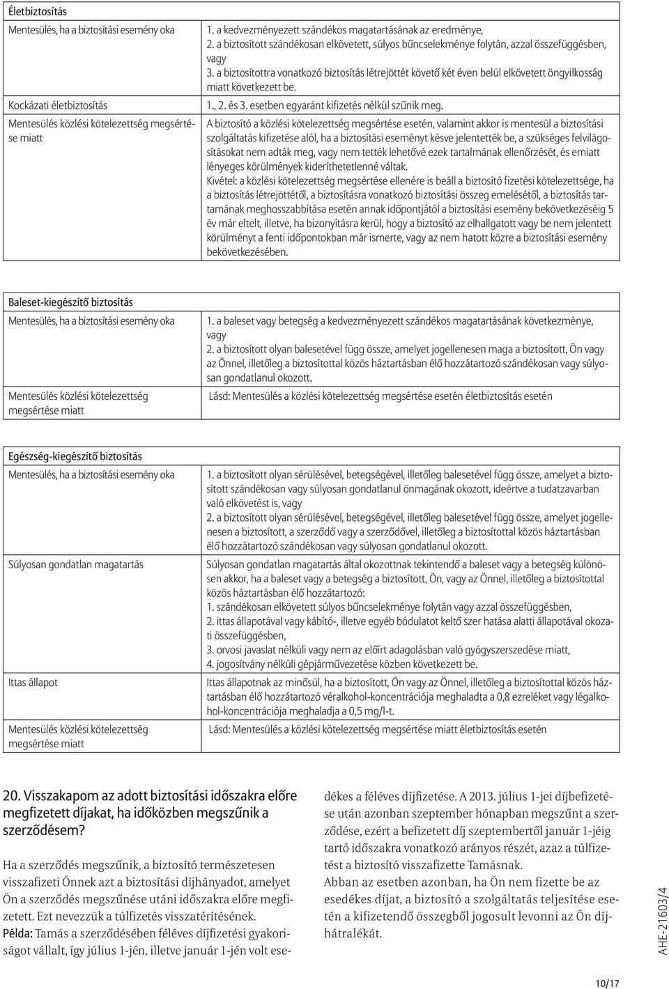 a biztosítottra vonatkozó biztosítás létrejöttét követő két éven belül elkövetett öngyilkosság miatt következett be. 1., 2. és 3. esetben egyaránt kifizetés nélkül szűnik meg.