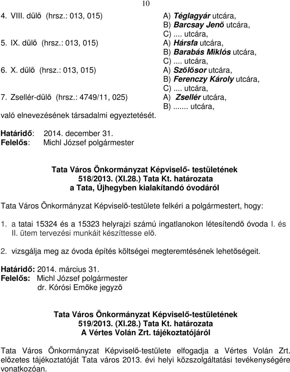 Felelős: Michl József polgármester 10 Tata Város Önkormányzat Képviselő- testületének 518/2013. (XI.28.) Tata Kt.