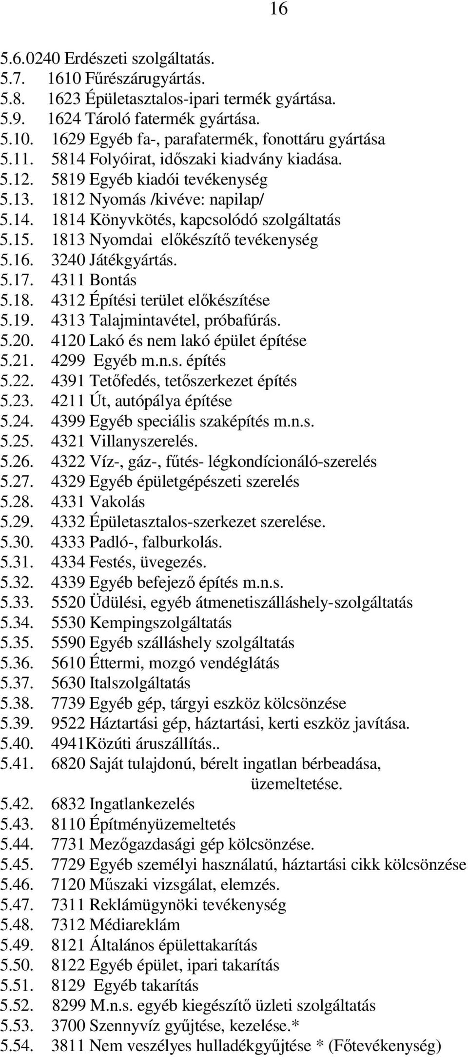 1813 Nyomdai előkészítő tevékenység 5.16. 3240 Játékgyártás. 5.17. 4311 Bontás 5.18. 4312 Építési terület előkészítése 5.19. 4313 Talajmintavétel, próbafúrás. 5.20.