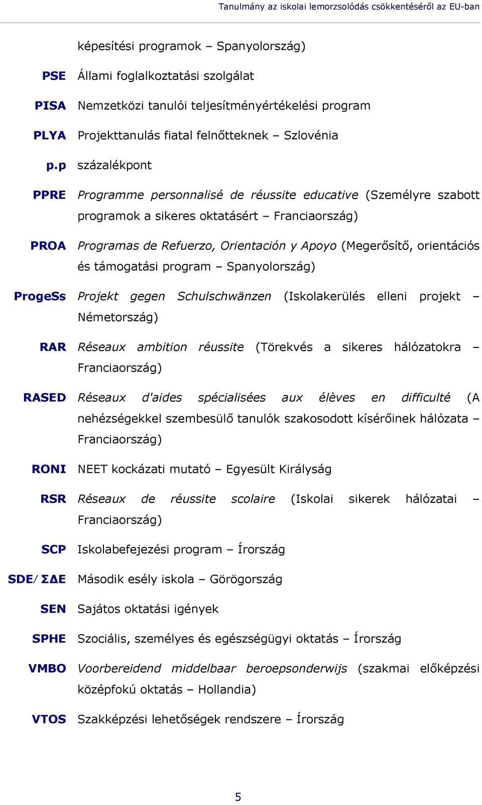 p százalékpont PPRE Programme personnalisé de réussite educative (Személyre szabott programok a sikeres oktatásért Franciaország) PROA Programas de Refuerzo, Orientación y Apoyo (Megerősítő,