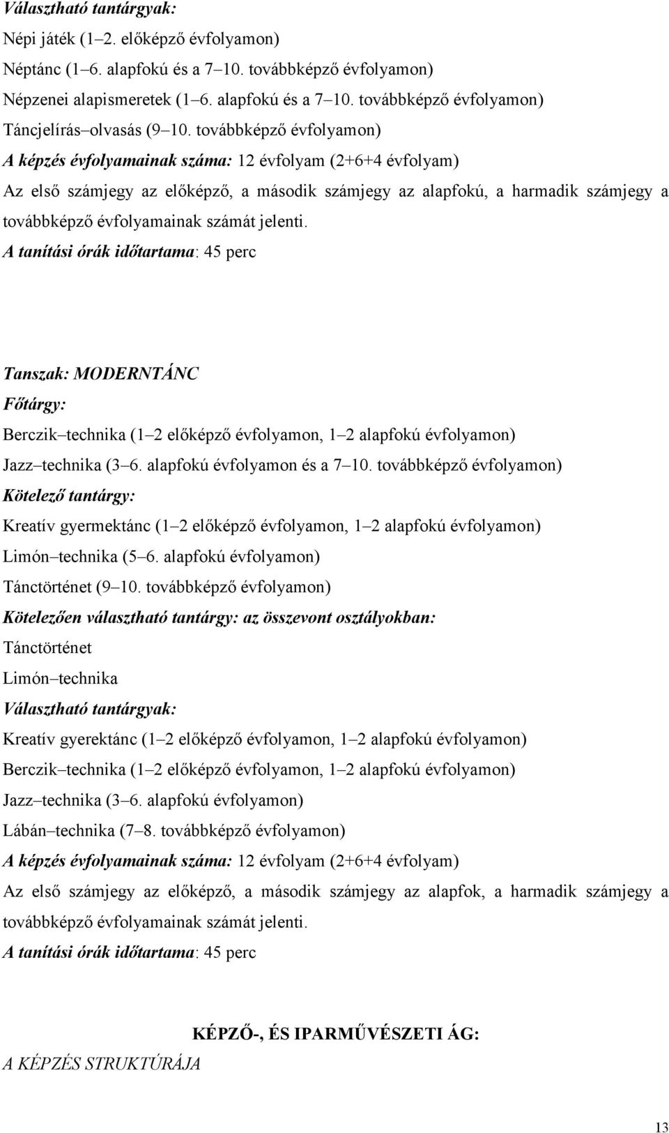 jelenti. A tanítási órák időtartama: 45 perc Tanszak: MODERNTÁNC Főtárgy: Berczik technika (1 2 előképző évfolyamon, 1 2 alapfokú évfolyamon) Jazz technika (3 6. alapfokú évfolyamon és a 7 10.