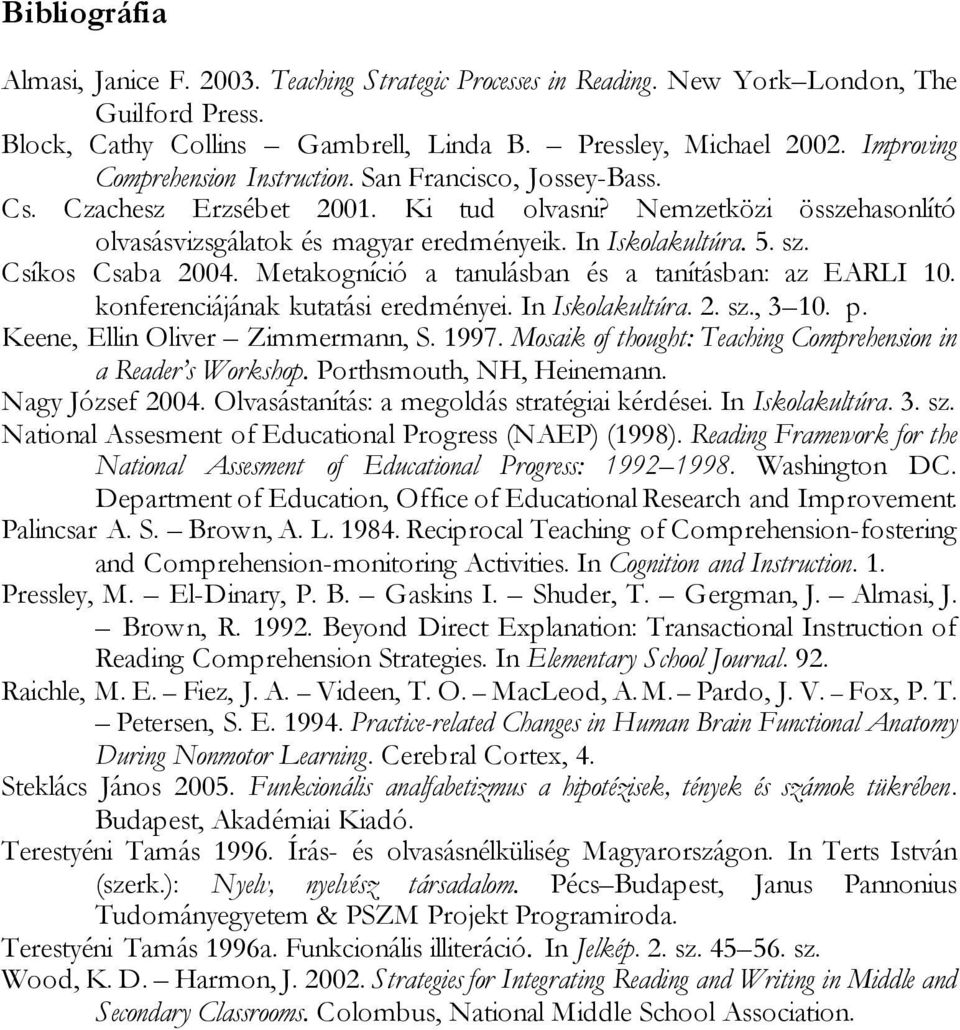 sz. Csíkos Csaba 2004. Metakogníció a tanulásban és a tanításban: az EARLI 10. konferenciájának kutatási eredményei. In Iskolakultúra. 2. sz., 3 10. p. Keene, Ellin Oliver Zimmermann, S. 1997.