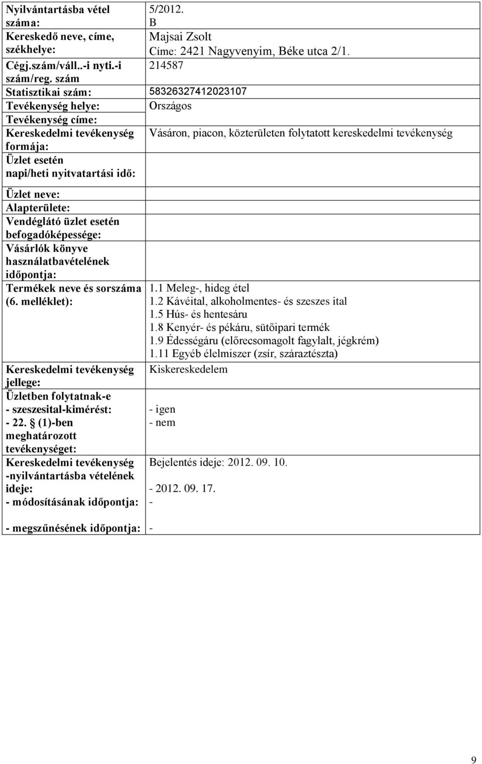 esetén Termékek neve és sorszáma szeszesitalkimérést: nyilvántartásba vételének ideje: módosításának 1.1 Meleg, hideg étel 1.2 Kávéital, alkoholmentes és szeszes ital 1.