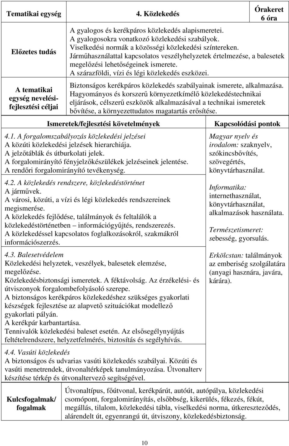 A szárazföldi, vízi és légi közlekedés eszközei. Biztonságos kerékpáros közlekedés szabályainak ismerete, alkalmazása.