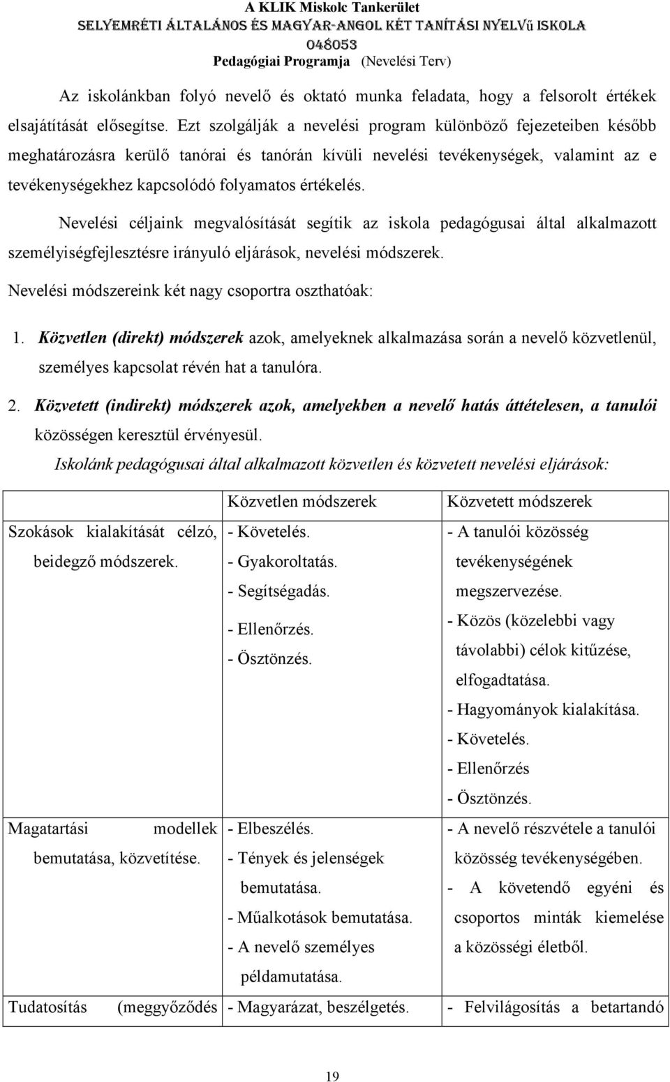 Nevelési céljaink megvalósítását segítik az iskola pedagógusai által alkalmazott személyiségfejlesztésre irányuló eljárások, nevelési módszerek. Nevelési módszereink két nagy csoportra oszthatóak: 1.