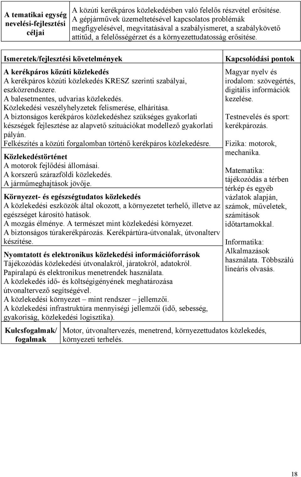 A kerékpáros közúti közlekedés A kerékpáros közúti közlekedés KRESZ szerinti szabályai, eszközrendszere. A balesetmentes, udvarias közlekedés. Közlekedési veszélyhelyzetek felismerése, elhárítása.