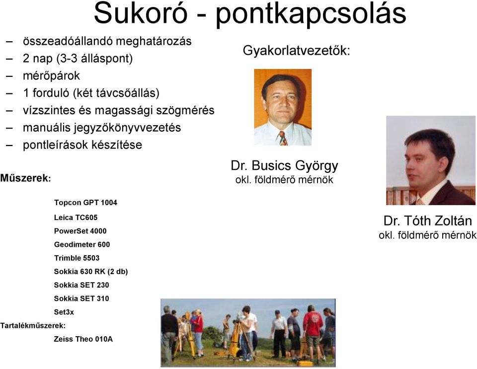 Busics György okl. földmérő mérnök Topcon GPT 1004 Leica TC605 PowerSet 4000 Geodimeter 600 Dr. Tóth Zoltán okl.