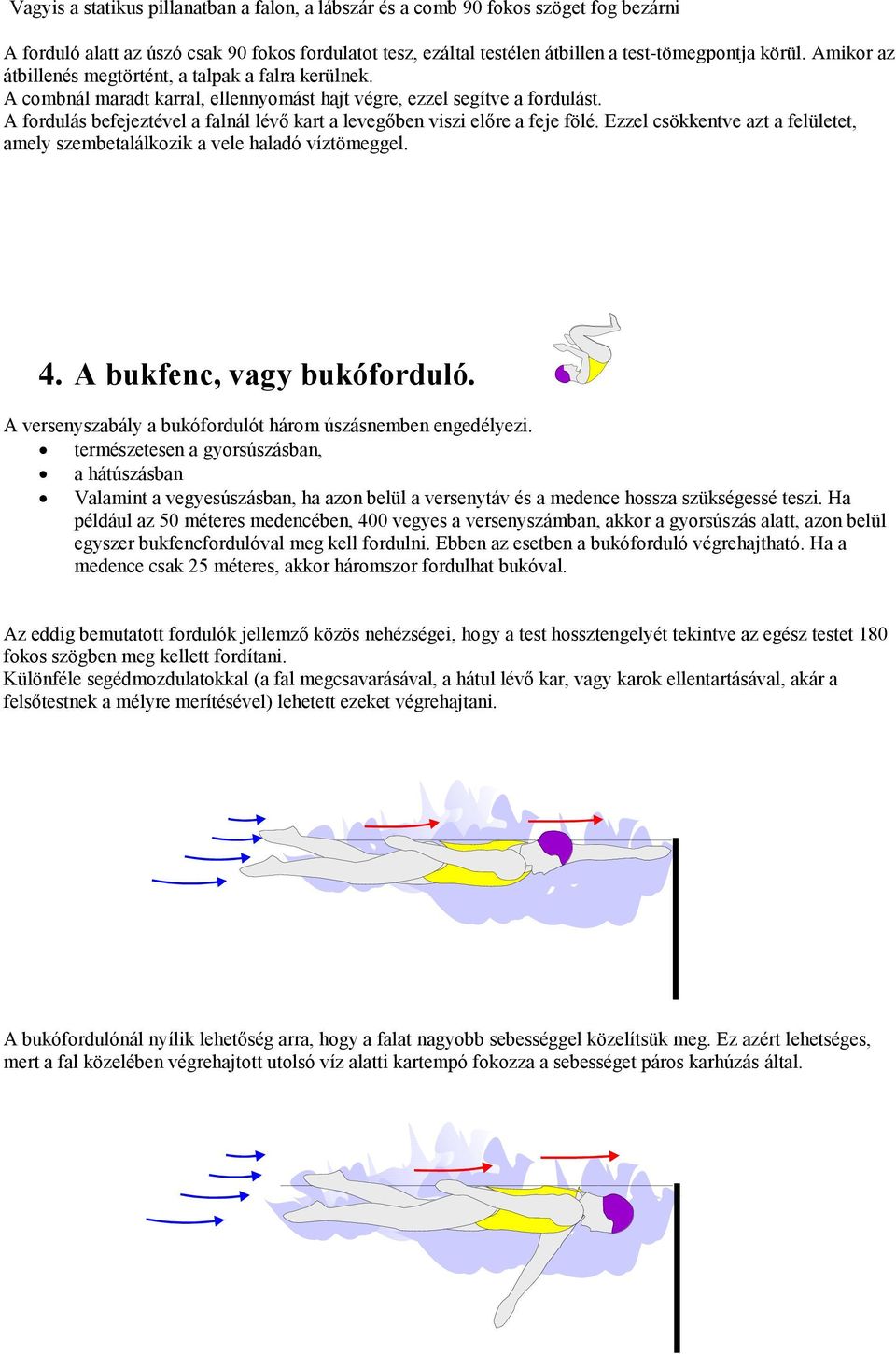 A fordulás befejeztével a falnál lévő kart a levegőben viszi előre a feje fölé. Ezzel csökkentve azt a felületet, amely szembetalálkozik a vele haladó víztömeggel. 4. A bukfenc, vagy bukóforduló.