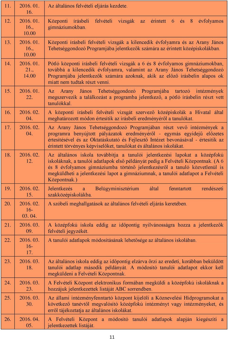 Központi írásbeli felvételi vizsgák az érintett 6 és 8 évfolyamos gimnáziumokban.