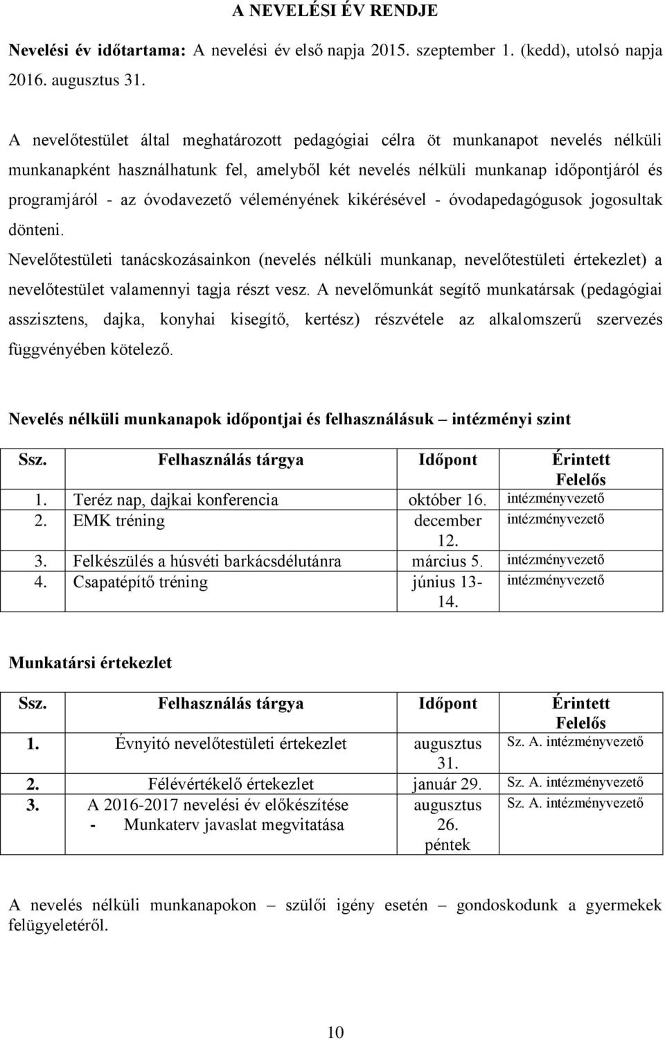 véleményének kikérésével - óvodapedagógusok jogosultak dönteni. Nevelőtestületi tanácskozásainkon (nevelés nélküli munkanap, nevelőtestületi értekezlet) a nevelőtestület valamennyi tagja részt vesz.