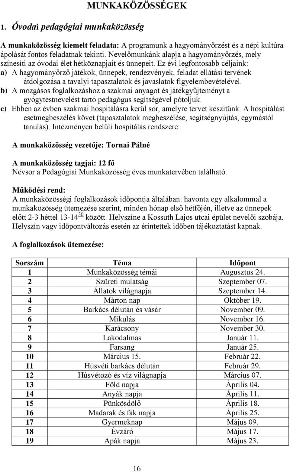 Ez évi legfontosabb céljaink: a) A hagyományőrző játékok, ünnepek, rendezvények, feladat ellátási tervének átdolgozása a tavalyi tapasztalatok és javaslatok figyelembevételével.