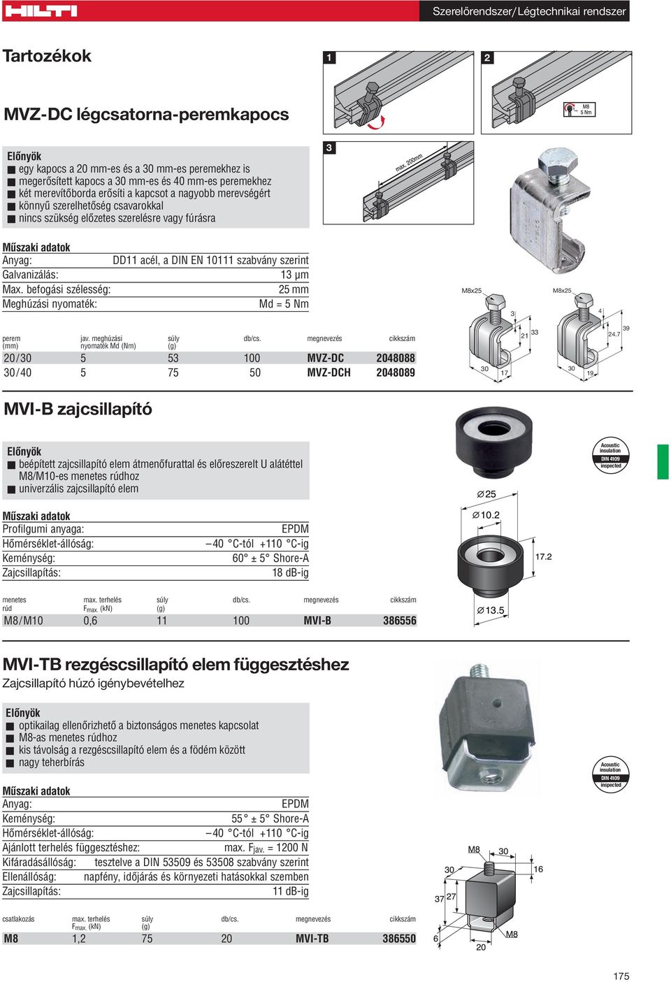 megnevezés cikkszám (mm) nyomaték Md (Nm) (g) 20/ 5 53 100 MVZ-DC 2048088 / 40 5 75 50 MVZ-DCH 2048089 beépített zajcsillapító elem átmenôfurattal és elôreszerelt U alátéttel M8/M10-es menetes rúdhoz