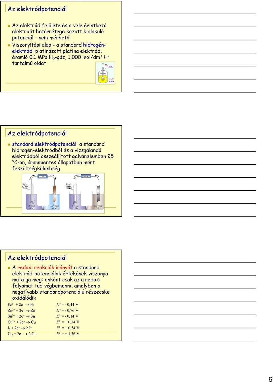 galvánelemben 25 C-on, árammentes állapotban mért feszültségkülönbség Az elektródpotenciál A redoxi reakciók irányát a standard elektród-potenciálok értékének viszonya mutatja meg: önként csak az a