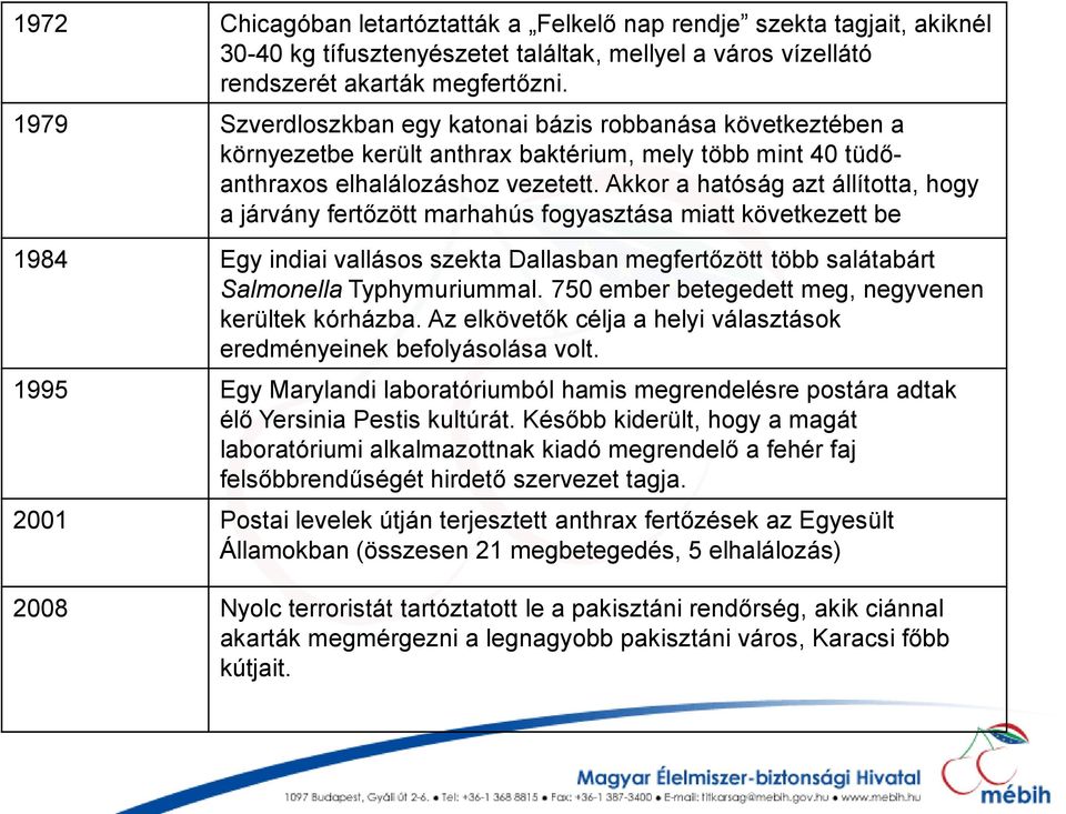 Akkor a hatóság azt állította, hogy a járvány fertőzött marhahús fogyasztása miatt következett be 1984 Egy indiai vallásos szekta Dallasban megfertőzött több salátabárt Salmonella Typhymuriummal.