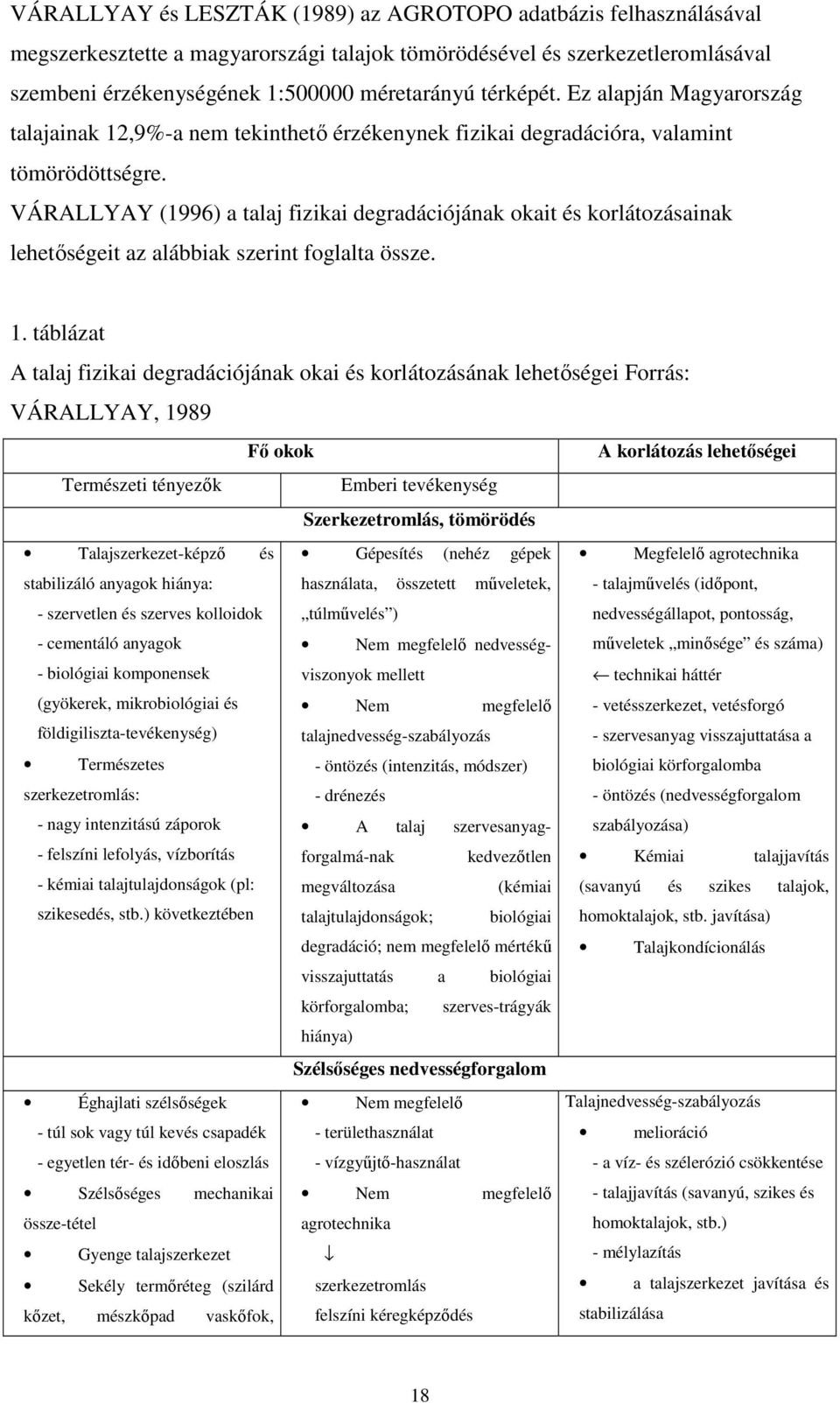 VÁRALLYAY (1996) a talaj fizikai degradációjának okait és korlátozásainak lehetőségeit az alábbiak szerint foglalta össze. 1.