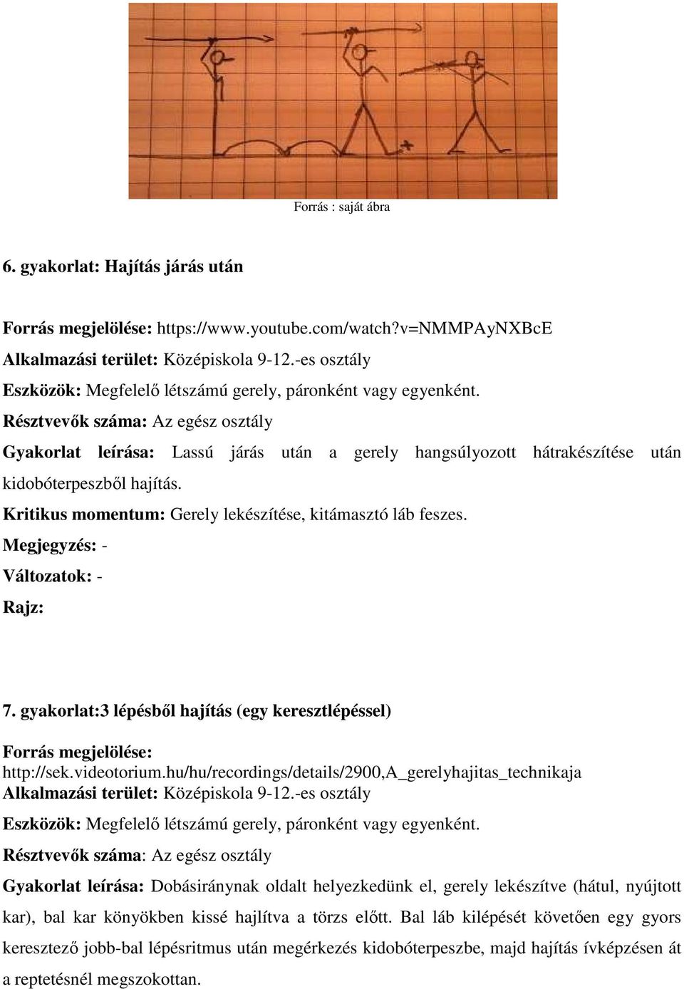 Résztvevők száma: Az egész osztály Gyakorlat leírása: Lassú járás után a gerely hangsúlyozott hátrakészítése után kidobóterpeszből hajítás.