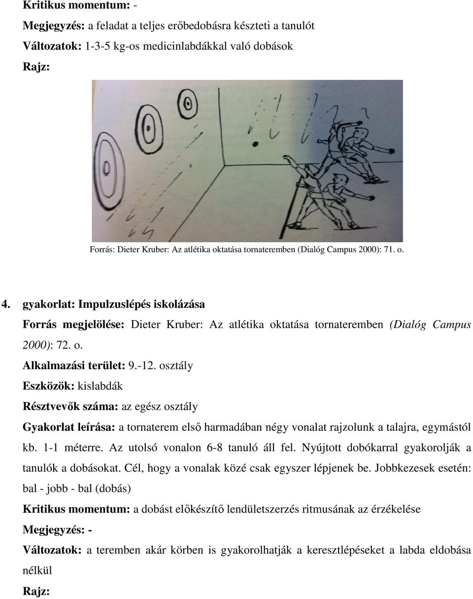 osztály Eszközök: kislabdák Résztvevők száma: az egész osztály Gyakorlat leírása: a tornaterem első harmadában négy vonalat rajzolunk a talajra, egymástól kb. 1-1 méterre.