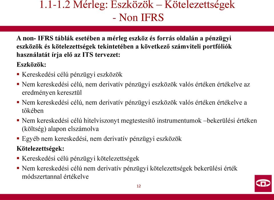 használatát írja elő az ITS tervezet: Eszközök: Kereskedési célú pénzügyi eszközök Nem kereskedési célú, nem derivatív pénzügyi eszközök valós értéken értékelve az eredményen keresztül Nem