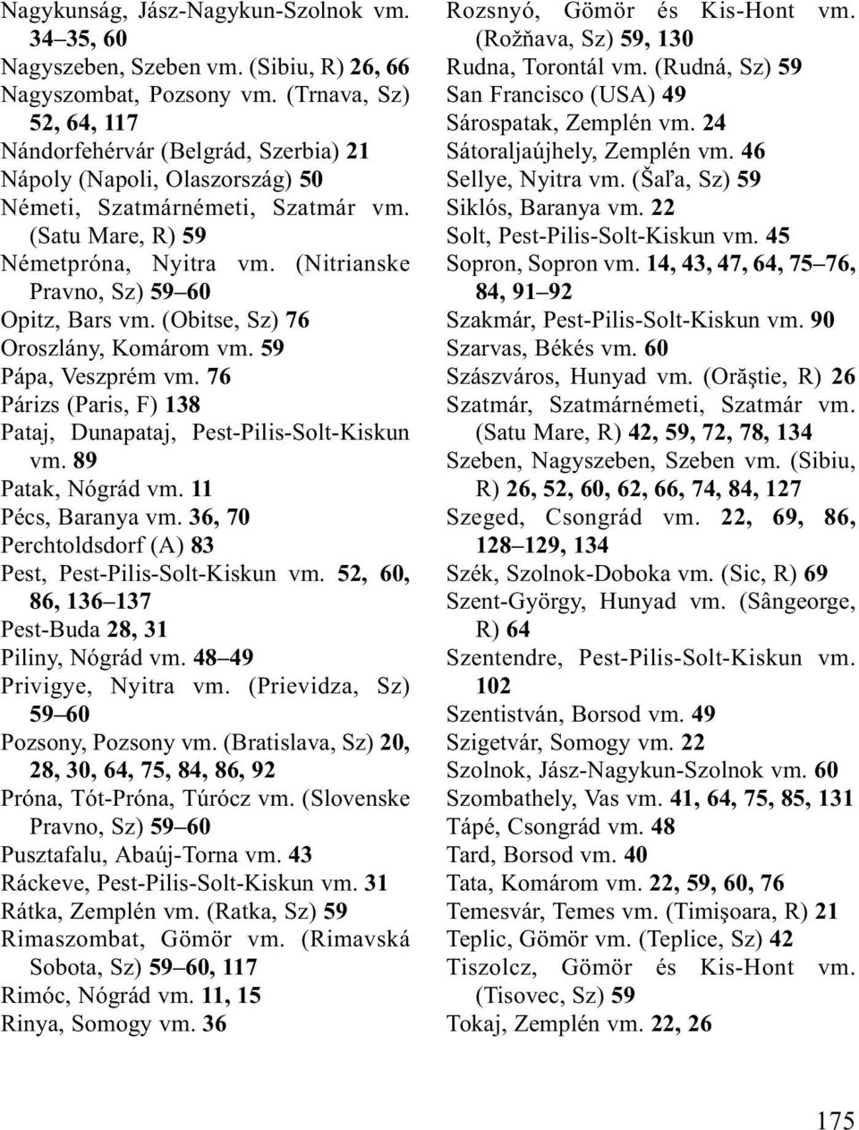 (Nitrianske Pravno, Sz) 59 60 Opitz, Bars vm. (Obitse, Sz) 76 Oroszlány, Komárom vm. 59 Pápa, Veszprém vm. 76 Párizs (Paris, F) 138 Pataj, Dunapataj, Pest-Pilis-Solt-Kiskun vm. 89 Patak, Nógrád vm.