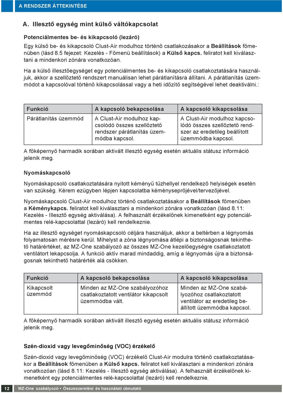 5 fejezet: Kezelés - Főmenü beállítások) a Külső kapcs. feliratot kell kiválasz- tani a mindenkori zónára vonatkozóan.