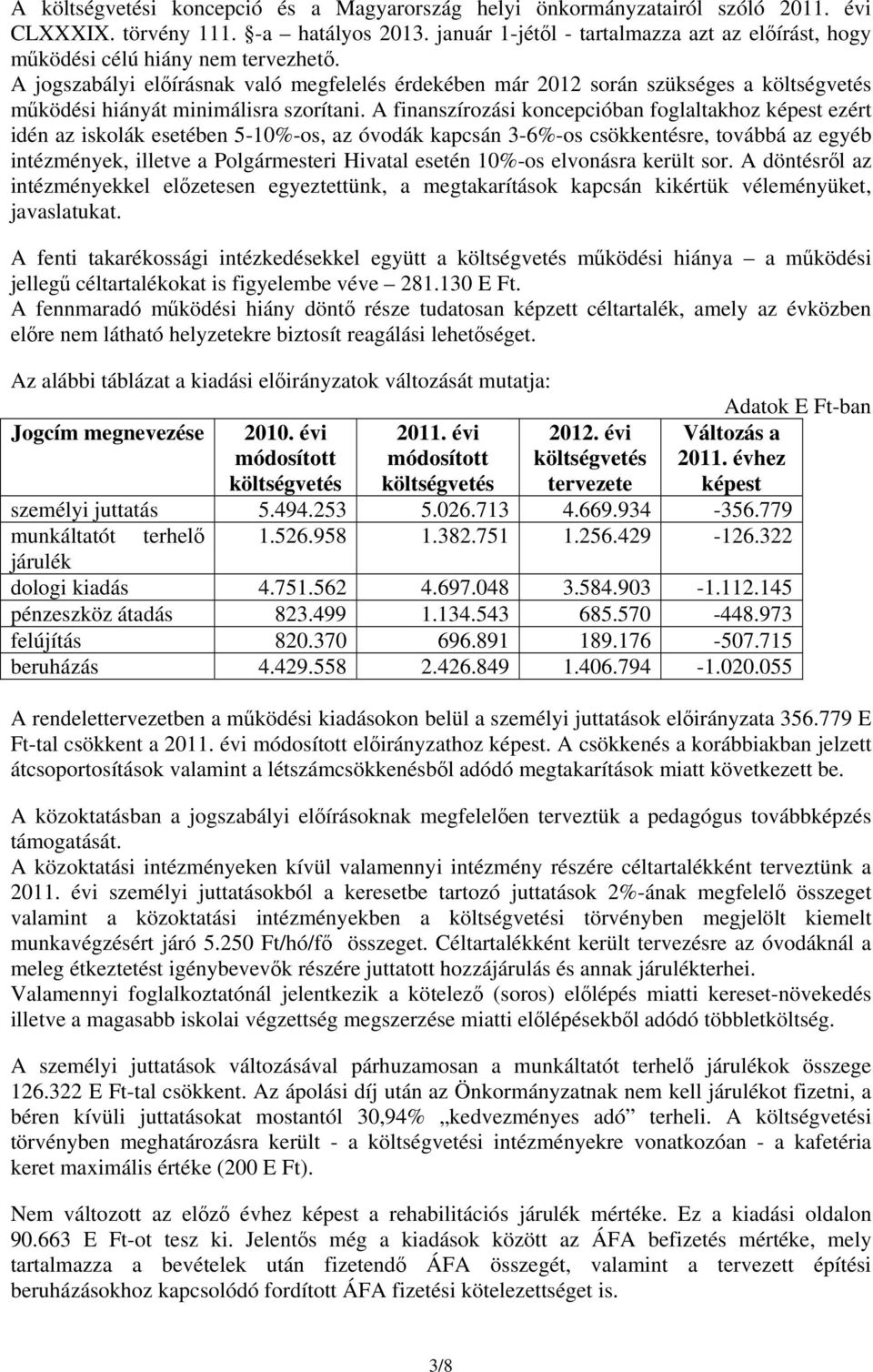 A jogszabályi előírásnak való megfelelés érdekében már 2012 során szükséges a költségvetés működési hiányát minimálisra szorítani.