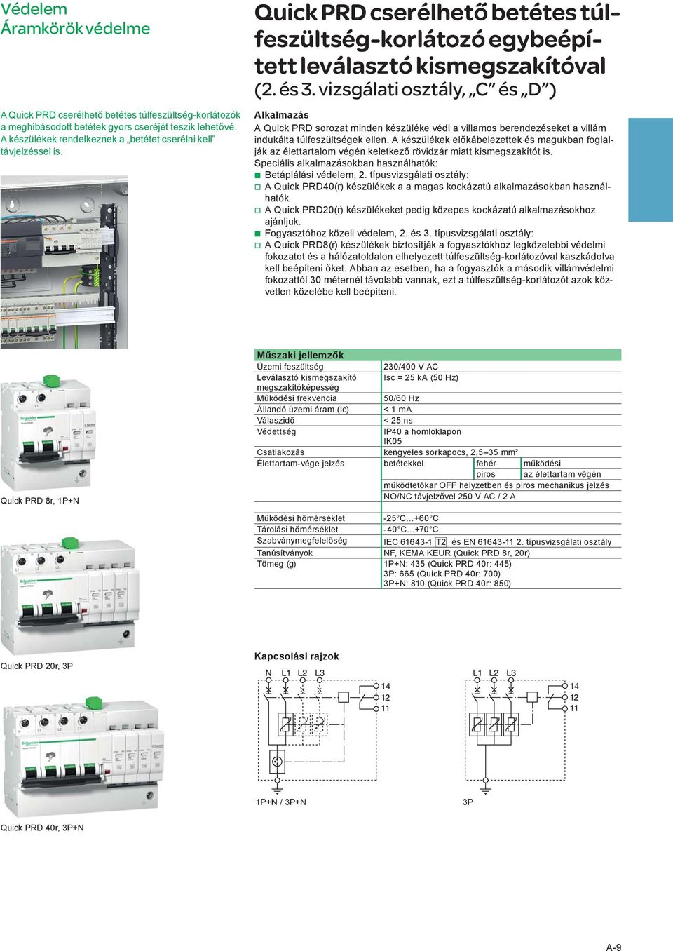 vizsgálati osztály, C és D ) Alkalmazás A Quick PRD sorozat minden készüléke védi a villamos berendezéseket a villám indukálta túlfeszültségek ellen.
