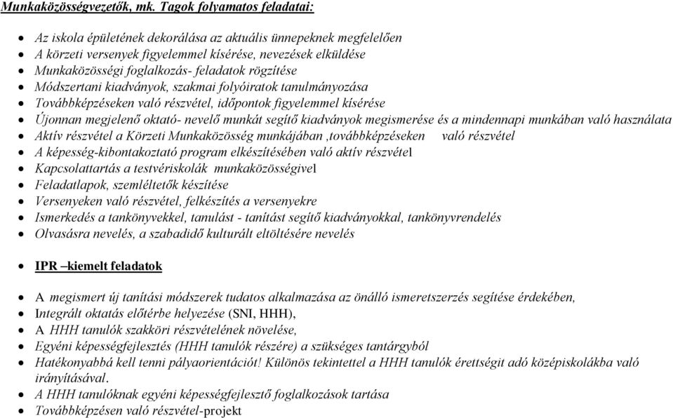 rögzítése Módszertani kiadványok, szakmai folyóiratok tanulmányozása Továbbképzéseken való részvétel, időpontok figyelemmel kísérése Újonnan megjelenő oktató- nevelő munkát segítő kiadványok