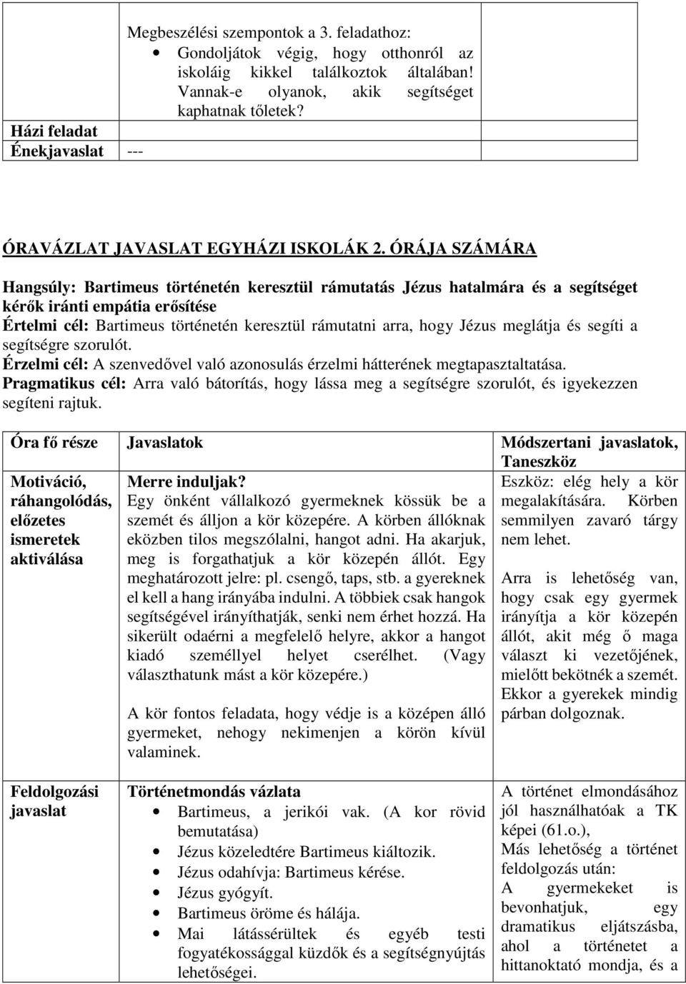 ÓRÁJA SZÁMÁRA Hangsúly: Bartimeus történetén keresztül rámutatás Jézus hatalmára és a segítséget kérők iránti empátia erősítése Értelmi cél: Bartimeus történetén keresztül rámutatni arra, hogy Jézus