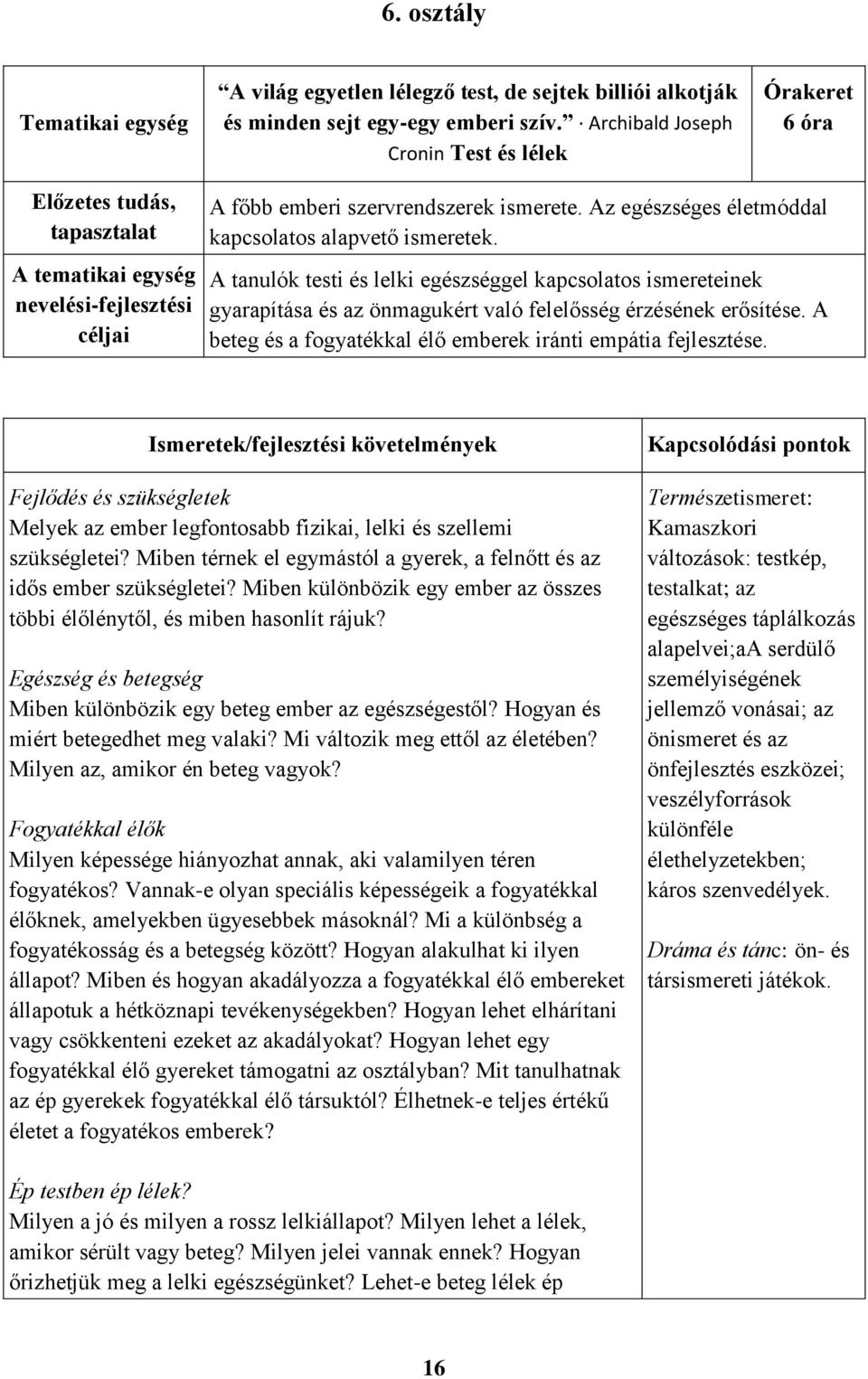 A tanulók testi és lelki egészséggel kapcsolatos ismereteinek gyarapítása és az önmagukért való felelősség érzésének erősítése. A beteg és a fogyatékkal élő emberek iránti empátia fejlesztése.