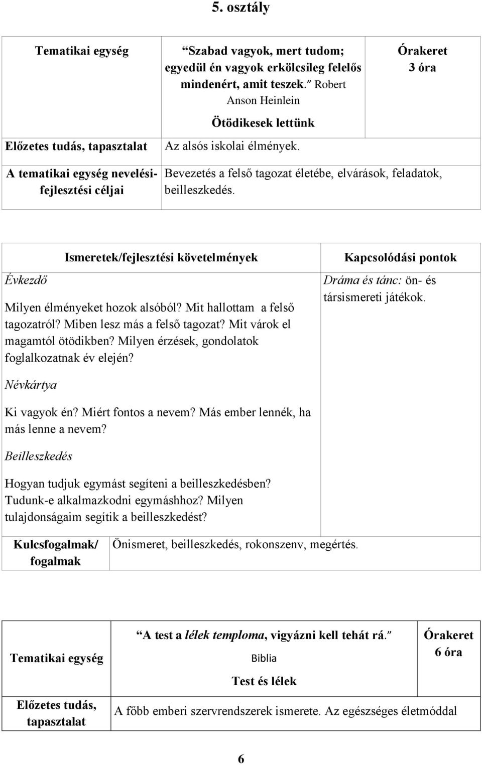 Miben lesz más a felső tagozat? Mit várok el magamtól ötödikben? Milyen érzések, gondolatok foglalkozatnak év elején? Dráma és tánc: ön- és társismereti játékok. Névkártya Ki vagyok én?