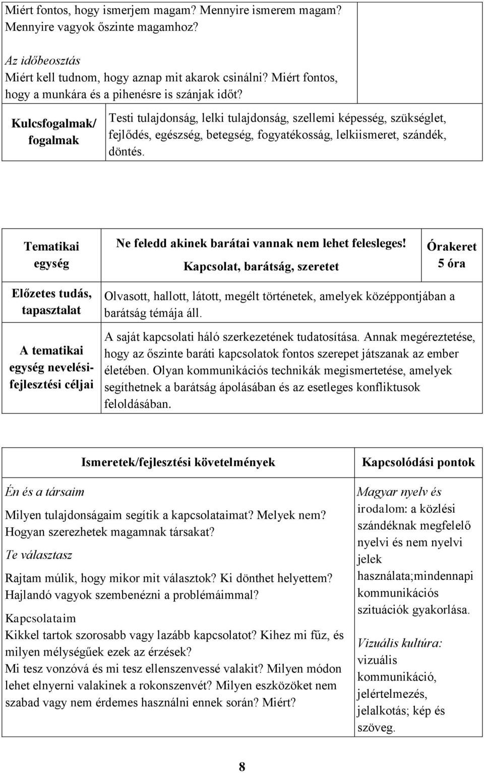 Kulcs/ Testi tulajdonság, lelki tulajdonság, szellemi képesség, szükséglet, fejlődés, egészség, betegség, fogyatékosság, lelkiismeret, szándék, döntés.