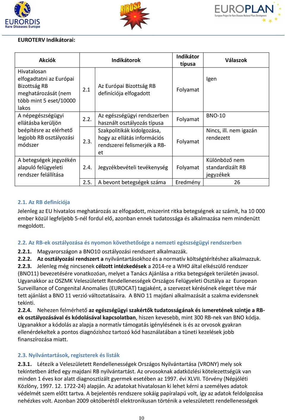 Indikátorok Az Európai Bizottság RB definíciója elfogadott Az egészségügyi rendszerben használt osztályozás típusa Szakpolitikák kidolgozása, hogy az ellátás információs rendszerei felismerjék a RBet