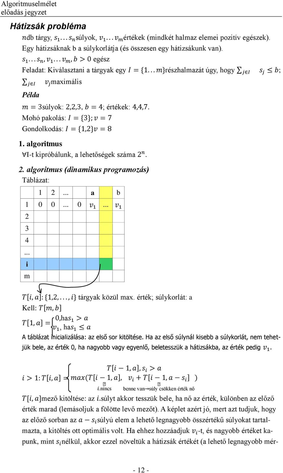 algoritmus (dinamikus programozás) Táblázat: 1 2... a b 1 0 0... 0... 2 3 4... i m Kell: ha, ha tárgyak közül max. érték; súlykorlát: a A táblázat inicializálása: az első sor kitöltése.