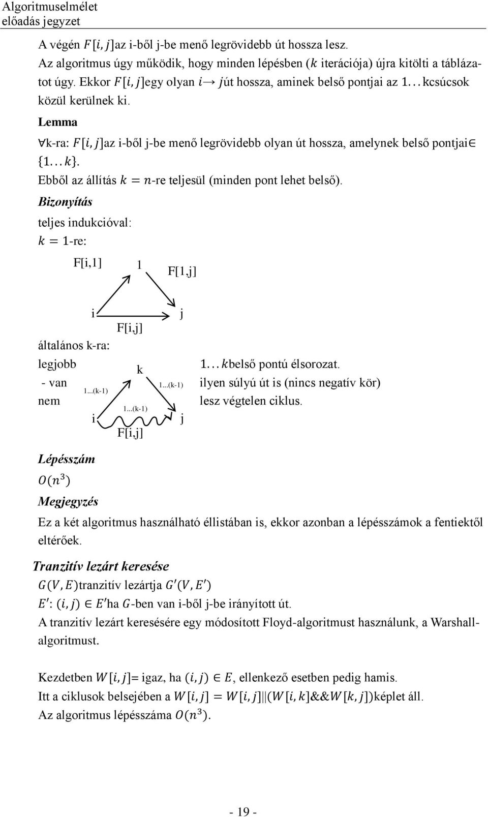 Ebből az állítás Bizonyítás teljes indukcióval: -re: F[i,1] az i-ből j-be menő legrövidebb olyan út hossza, amelynek belső pontjai 1 -re teljesül (minden pont lehet belső).