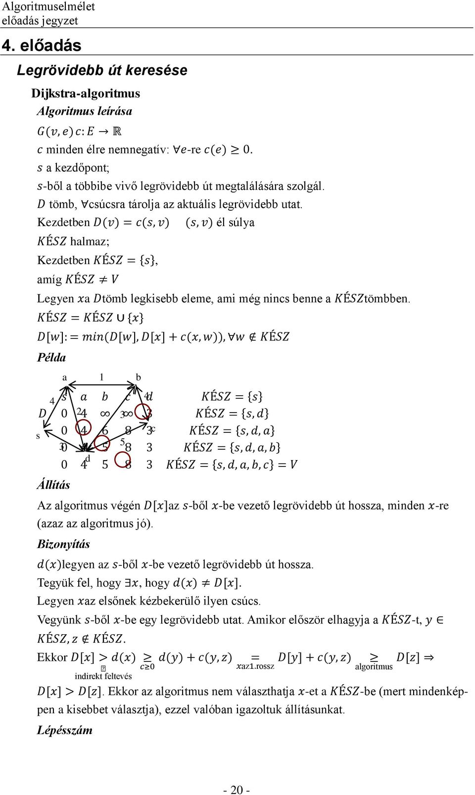 Példa a 1 b s 4 3 2 d 3 5 4 c Állítás Az algoritmus végén az -ből -be vezető legrövidebb út hossza, minden -re (azaz az algoritmus jó). Bizonyítás legyen az -ből -be vezető legrövidebb út hossza.